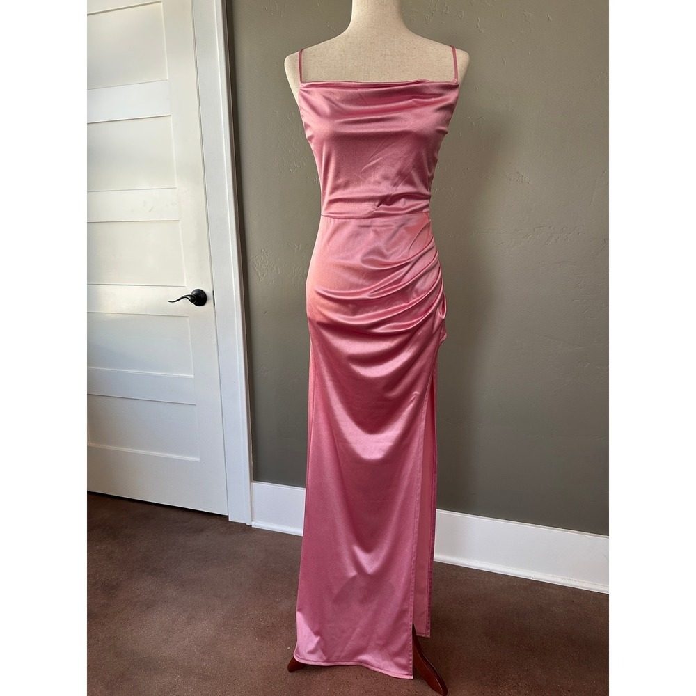 New B.Darlin Formal Gown Sz 5/6 Pink Satin Cowl Neck Ruched Slit Floor Length - Picture 11 of 14